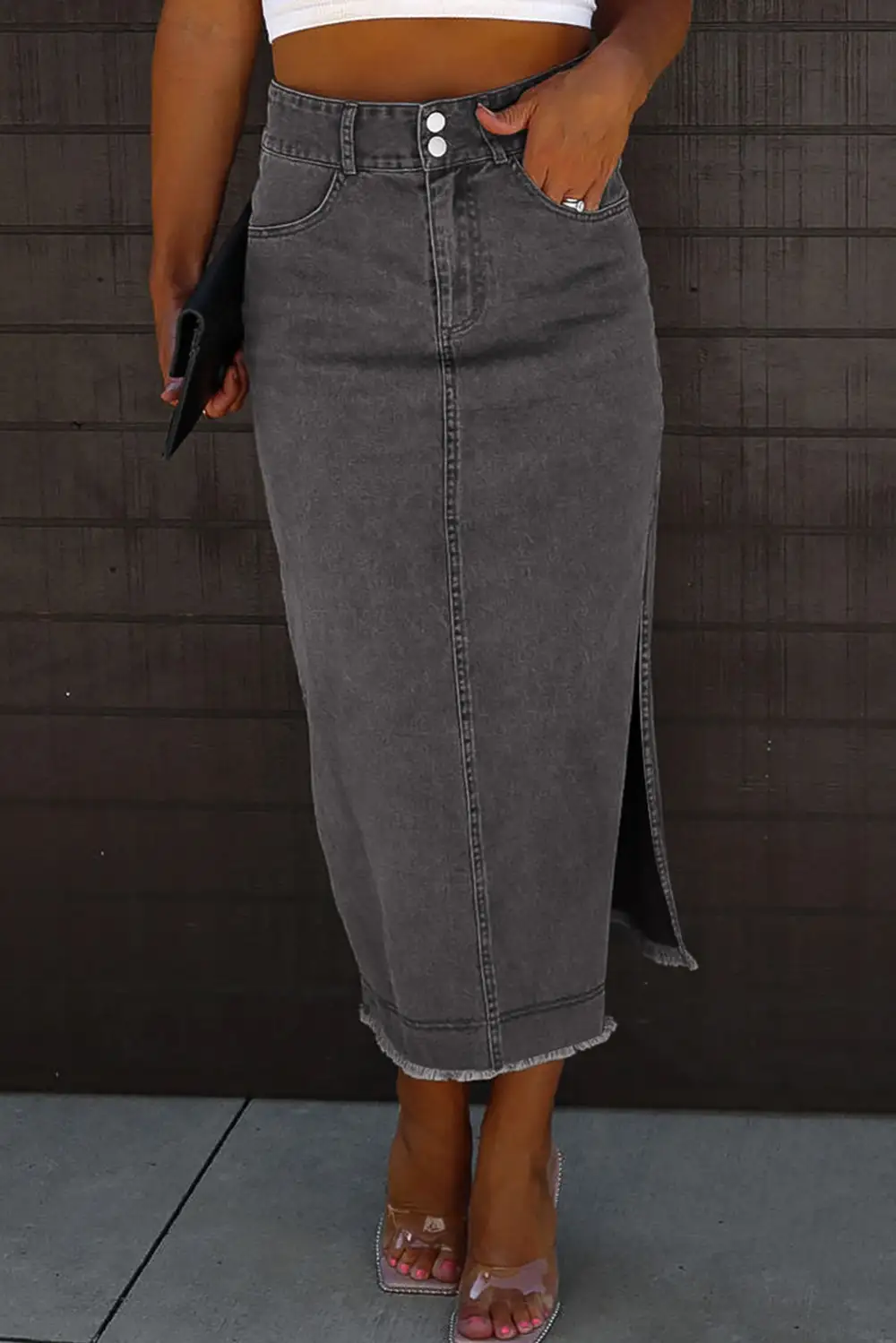 Midi Denim Button Front Skirt