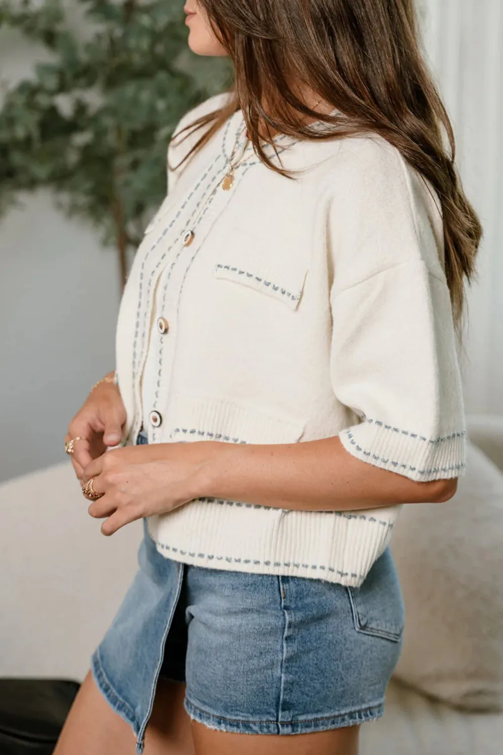 Contrast Color Stitch Button Up Cardigan
