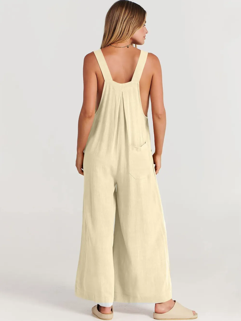 Solid Color Loose Casual Cotton And Linen Suspender Jumpsuit