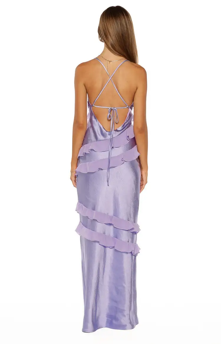 Modern Satin V Neck Ruffle Maxi Dress