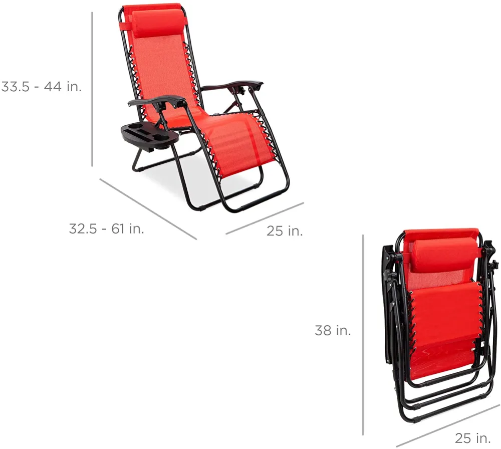 Set of 2 Adjustable Steel Mesh Zero Gravity Lounge Chair Recliners w/Pillows and Cup Holder Trays