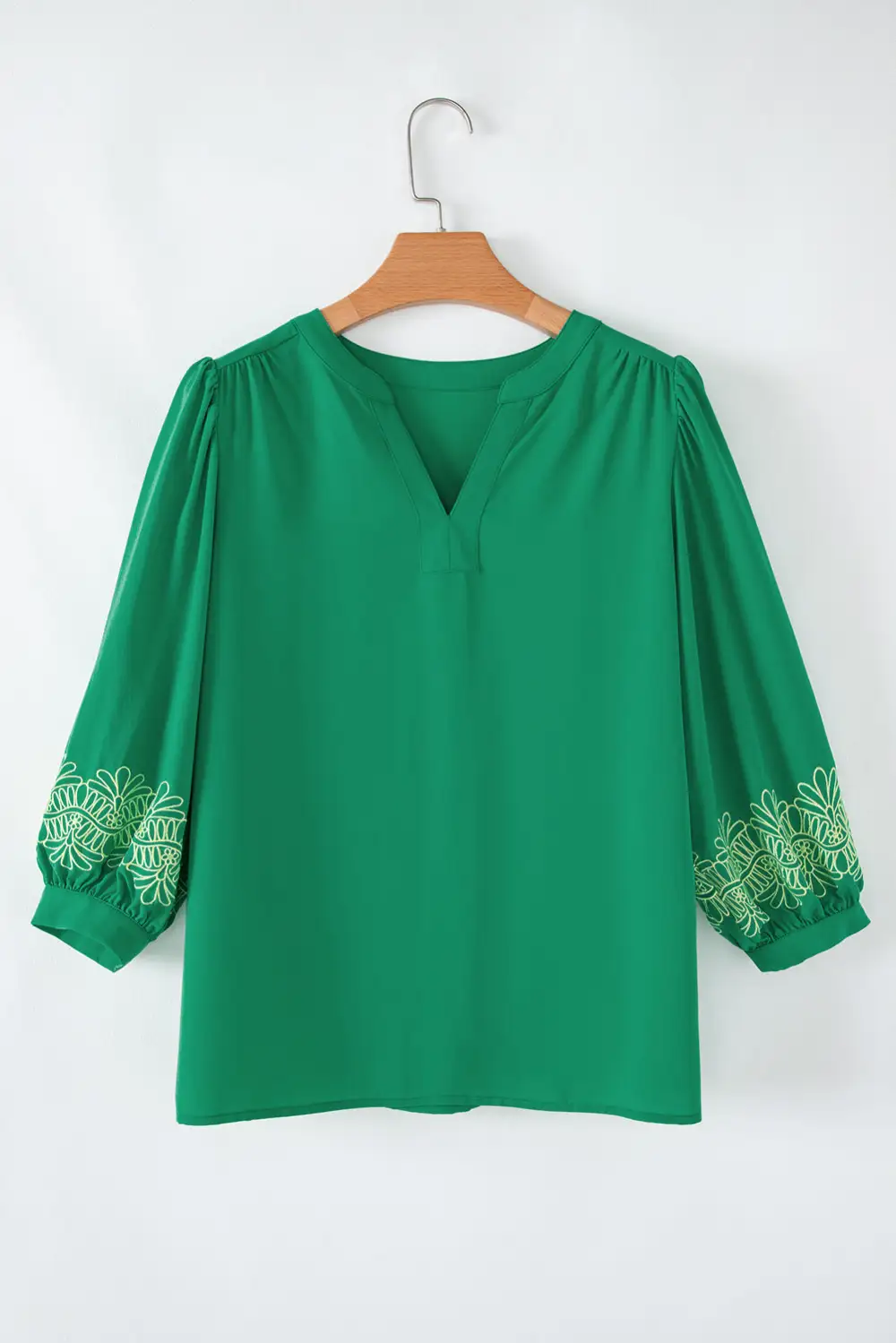 Green Contrast Floral Embroidered 3/4 Sleeve Notched V Neck Elegant Blouse