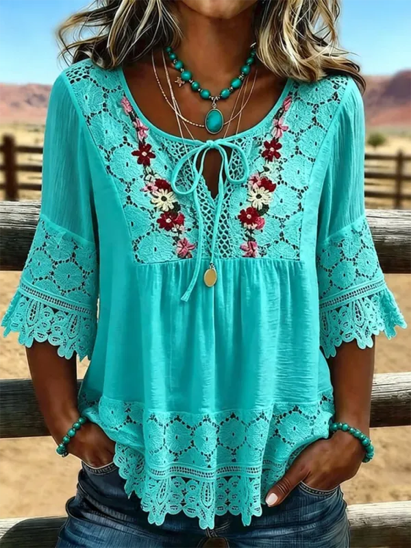 Women's Vintage Flowers Print Patchwork Lace Casual Shirt