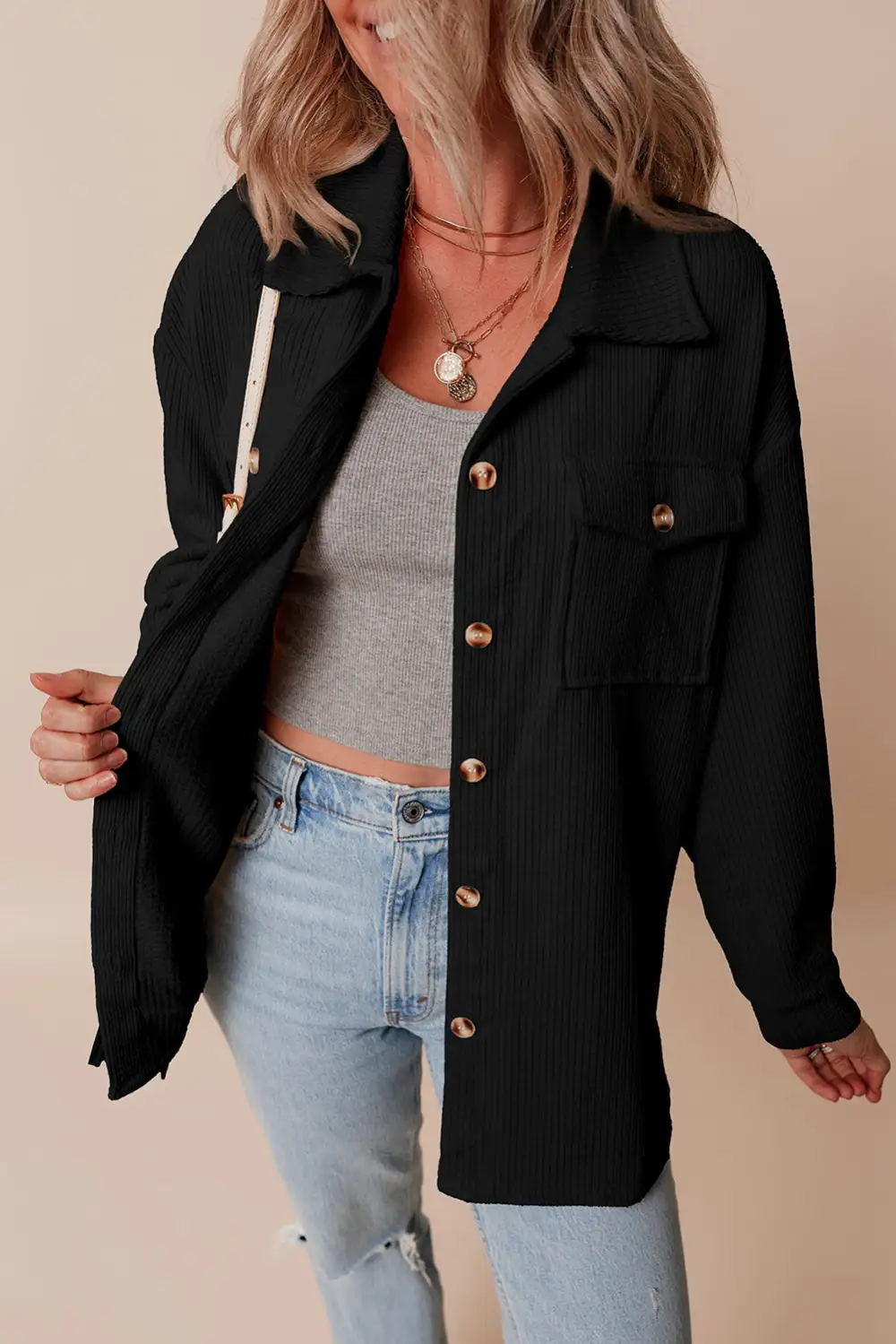Corduroy Flap Pocket Button-Up Shirt Jacket Button