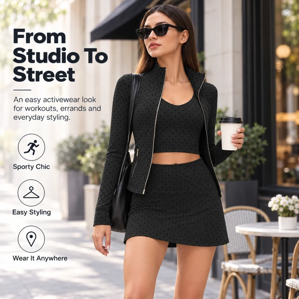 Women's Summer Long Sleeve Zip-Up Jacket, Stand Collar Polka Dot Texture Slim Fit Athletic Jacket for Skirts or Shorts, Nylon Spandex Brushed Fabric Stretchy Sports Outerwear for Yoga