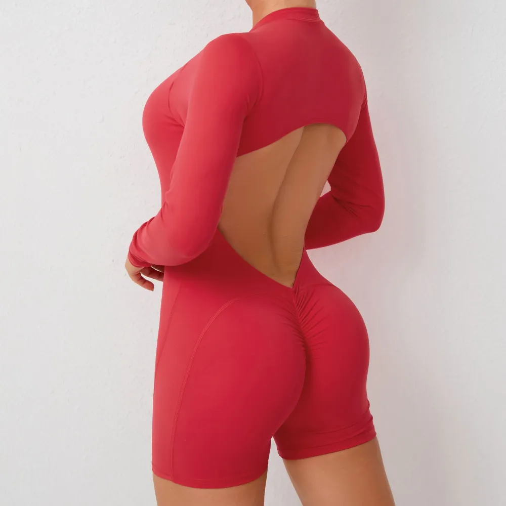 Hollowed-Out Back Half Zipper Onesie Peach Hip Exercise Fitness Big Backless Quick Dry One-Piece Yoga Suit