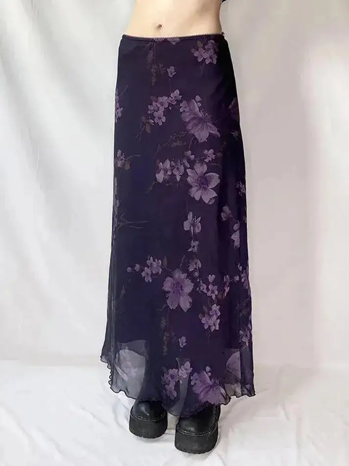 Floral Print Mesh Maxi Skirt