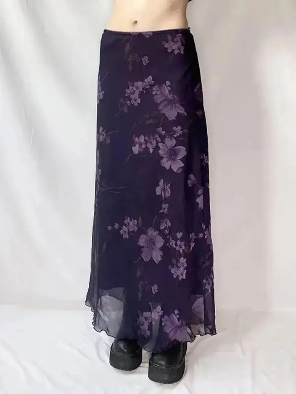 Floral Print Mesh Maxi Skirt