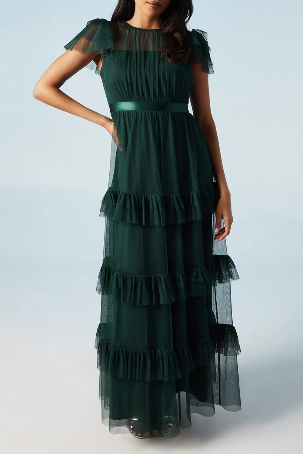 Green Mesh Dress With Multiple Hems For Women