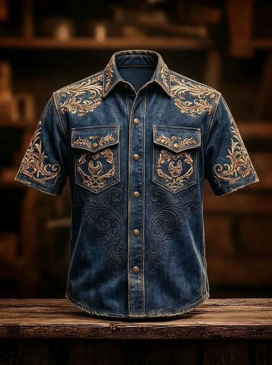 Men's Western Cowboy Floral Embroidery Printed Shirt