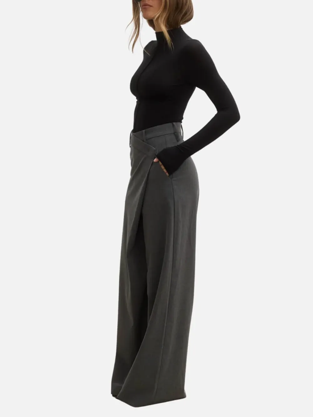 Asymmetric Wide-Leg Pants - Grey