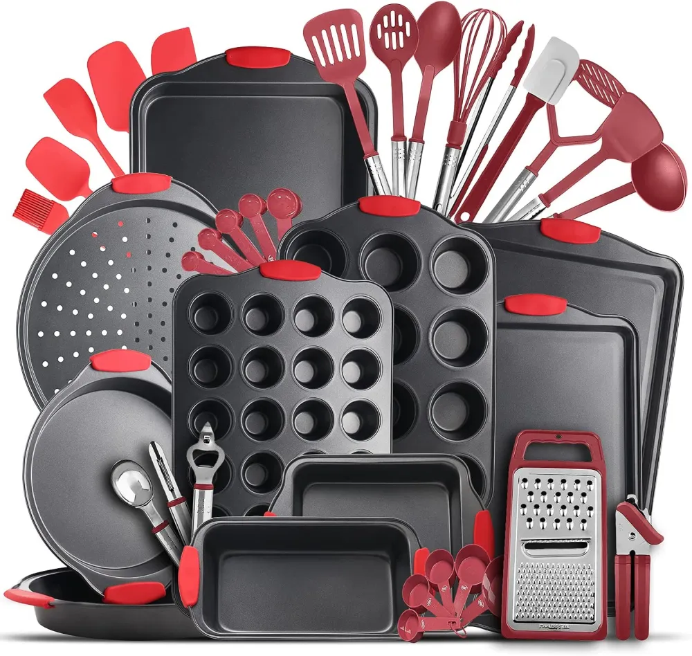 Nonstick Bakeware Sets with Baking Pans Set, 39 Piece Baking Set with Muffin Pan, Cake Pan & Cookie Sheets for Baking Nonstick Set, Steel Baking Sheets for Oven with Kitchen Utensils Set - Black