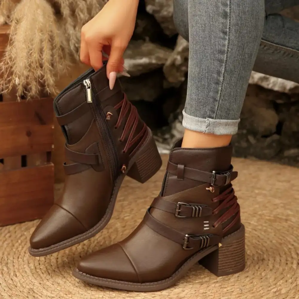 Pointed Toe Buckle Strap Ankle Boots with Block Heel