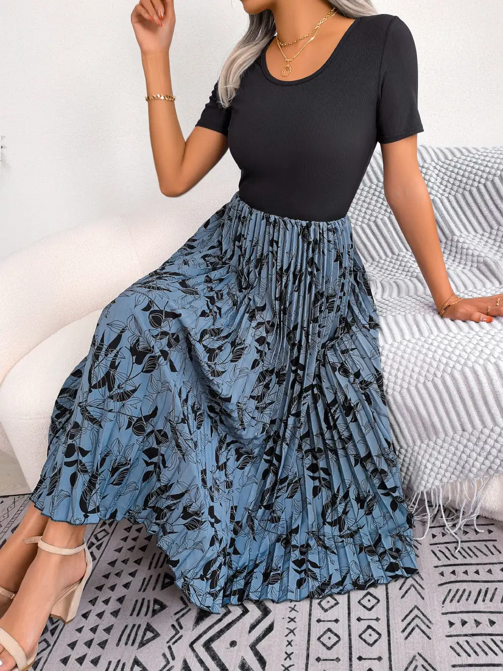 Pleated Round Neck Dress