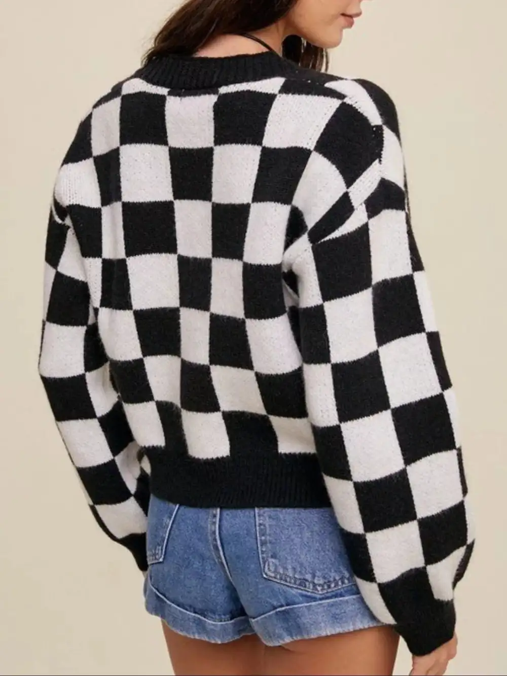 Checkerboard Pattern Button Down Cardigan
