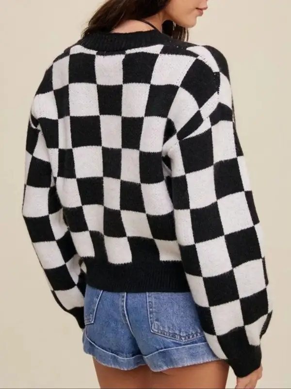 Checkerboard Pattern Button Down Cardigan