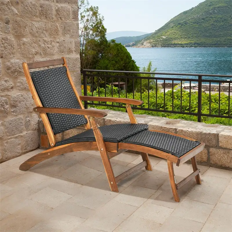 Acacia Wood Folding Wicker Patio Chaise Lounge Chair with Retractable Footrest