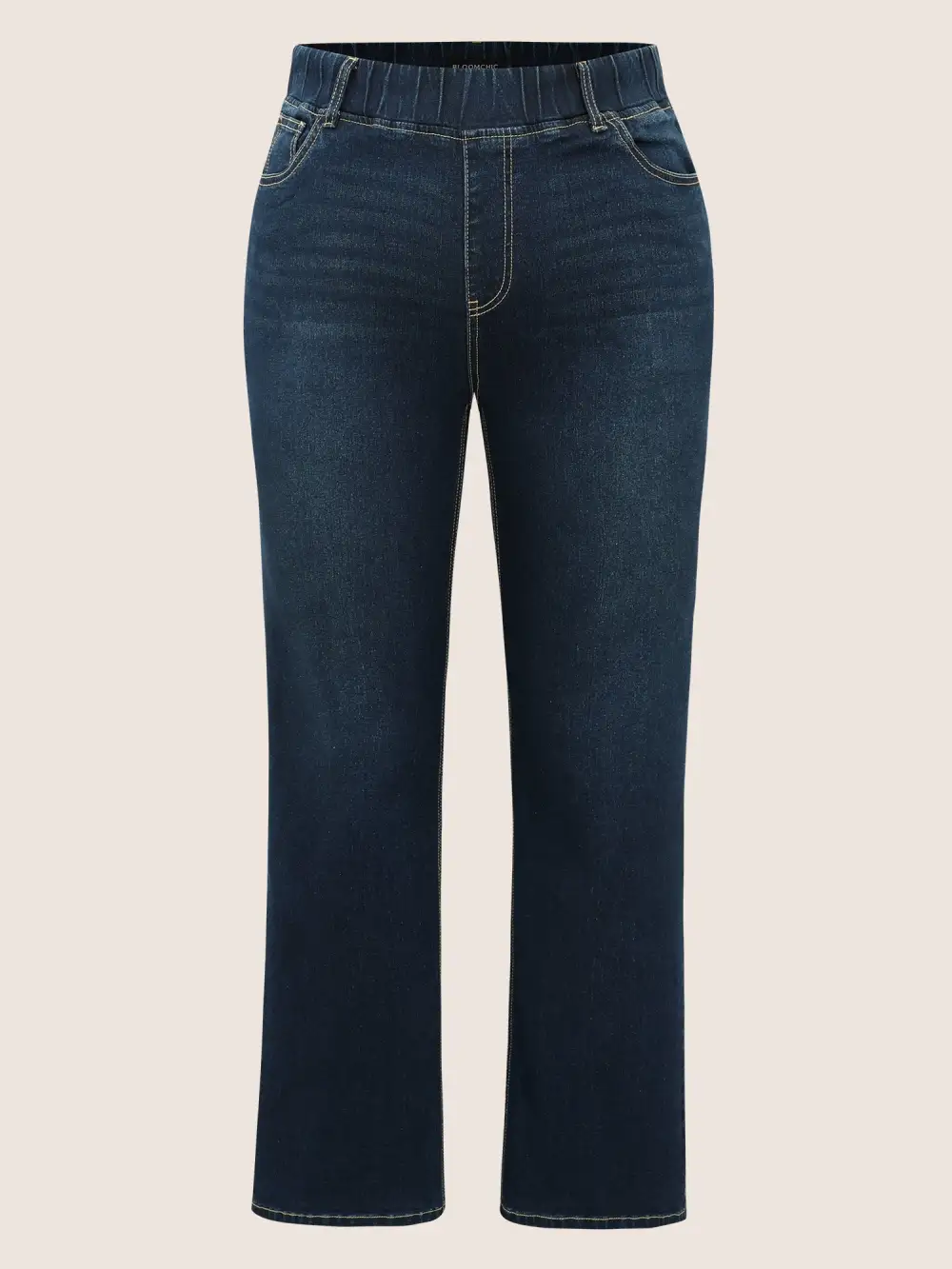 Solid Elastic Waist Pocket Full Length Jeans