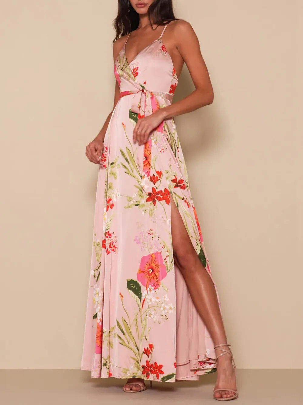 Red Floral Print Satin Maxi Dress