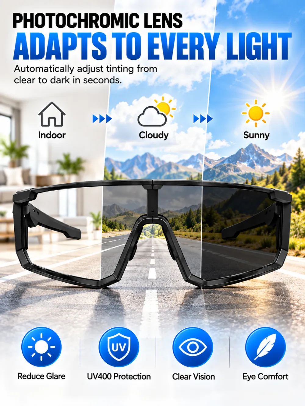 AI Smart Translation Bluetooth Sports Windproof Glasses with Photochromic Lenses, Hands-Free Calling, AI Translation, UV400 Protection, Lightweight, Voice Assistant for Cycling and Warehouse Work