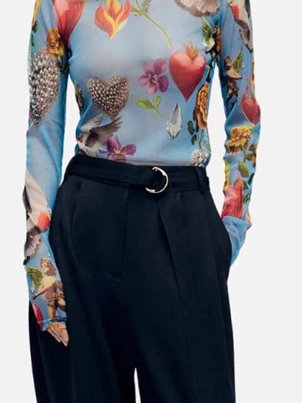 Mesh Printed Long Sleeve High Neck Top