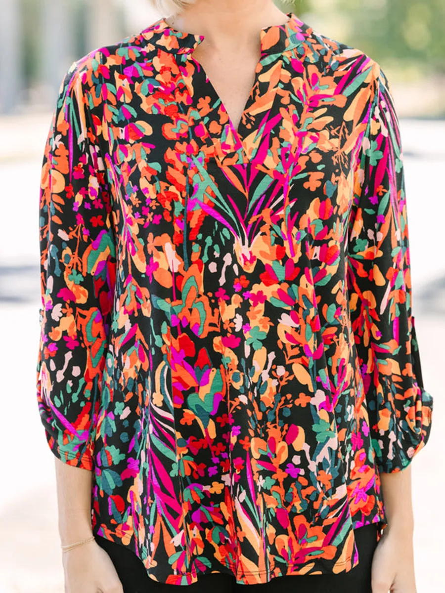 Black floral casual blouse