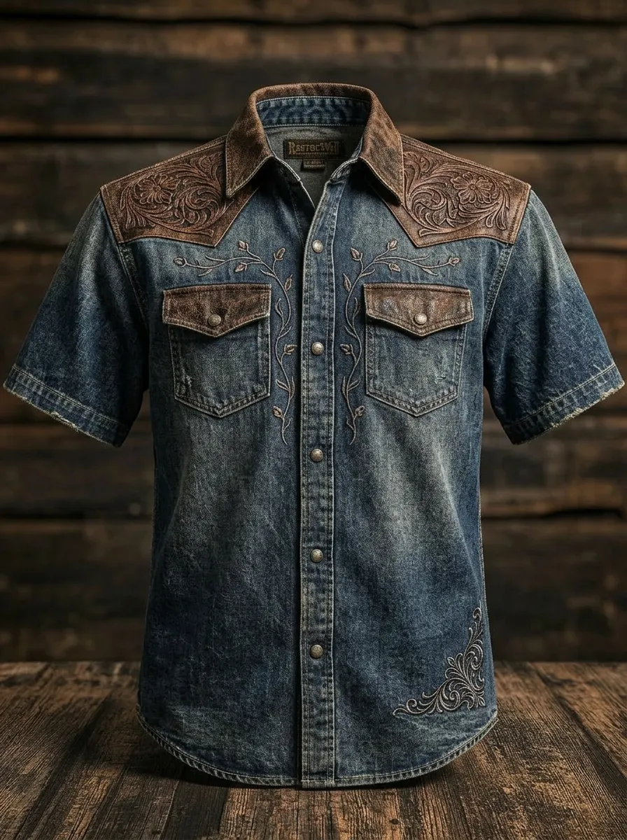Men's Western Cowboy Floral Tooled Leather Print Denim Shirt