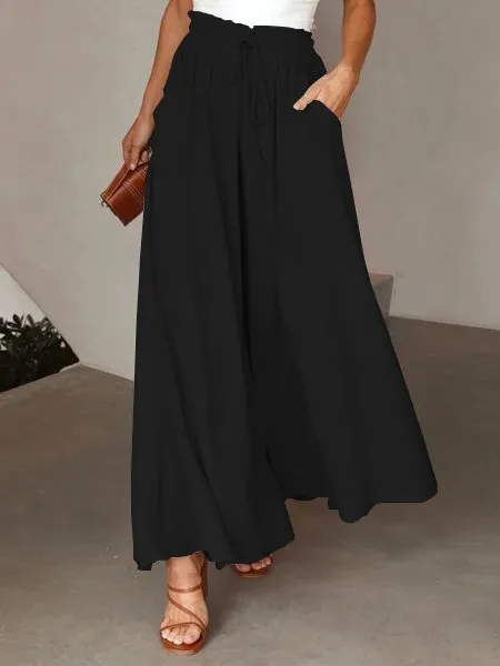 Plain Casual Wide Leg Shirred Waist Pant