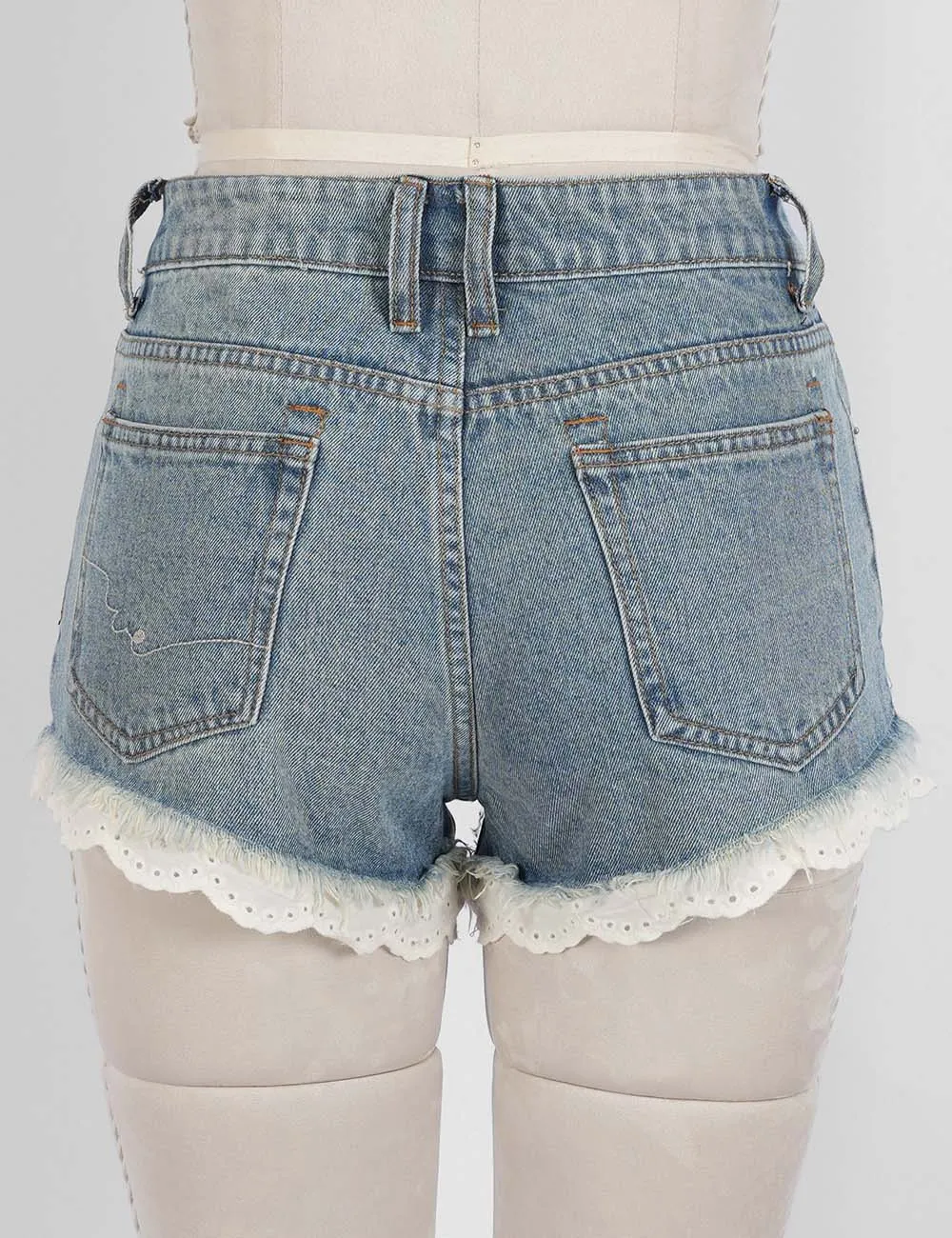 Lace Trim Frayed Hem Denim Shorts