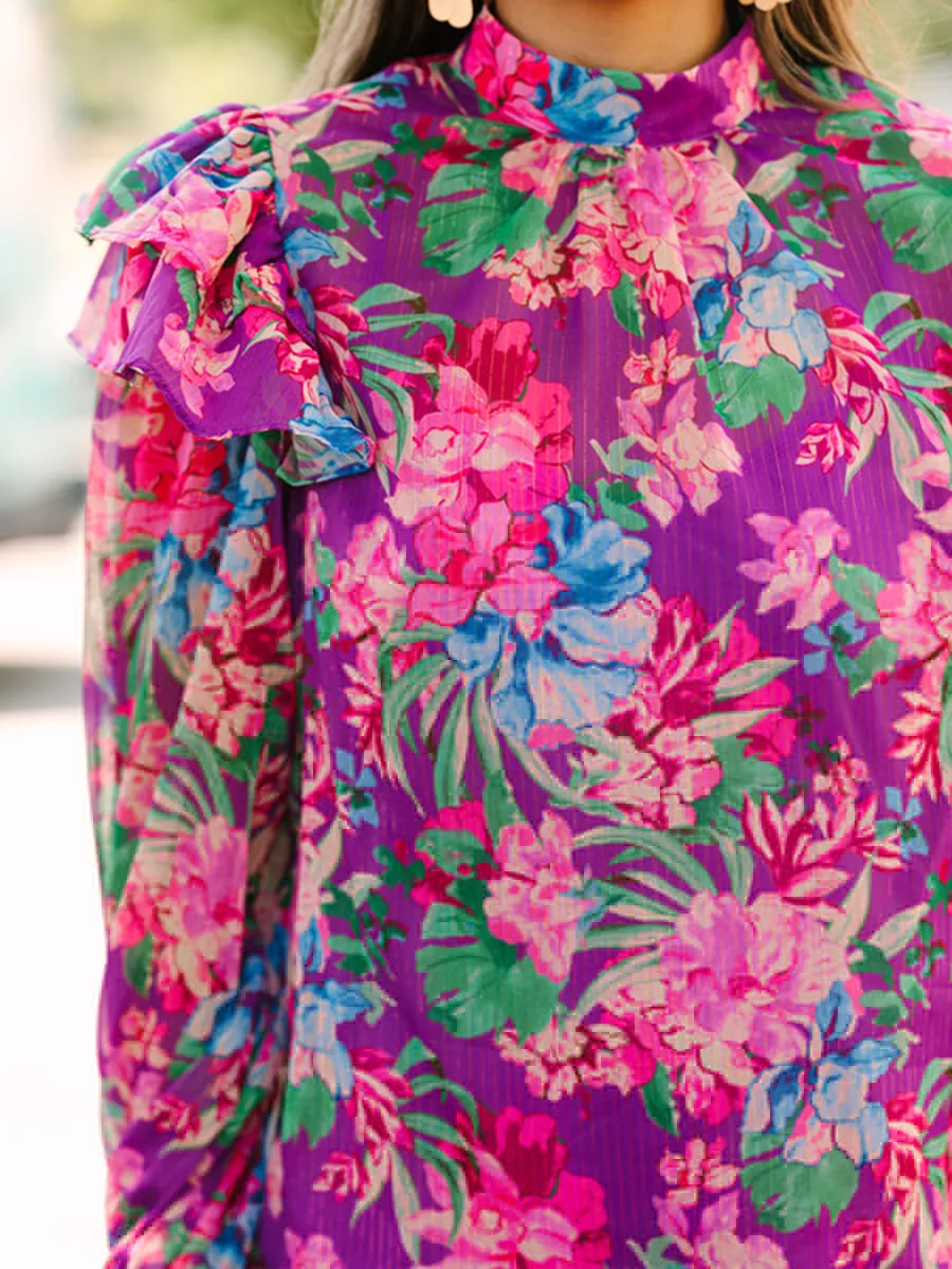 Half Stand Neck Purple Floral Blouse