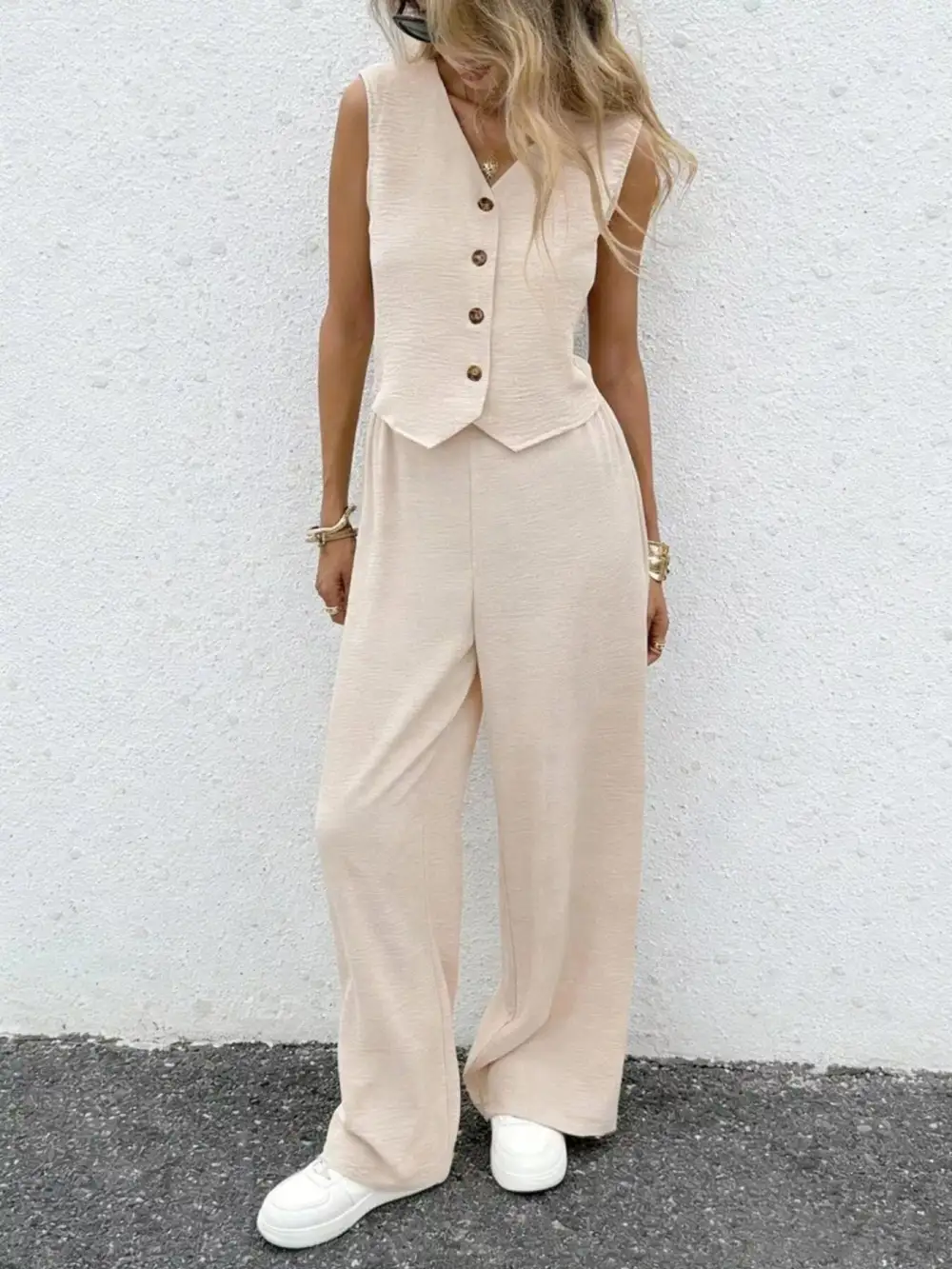 Everyday Button Front Wide Leg Set