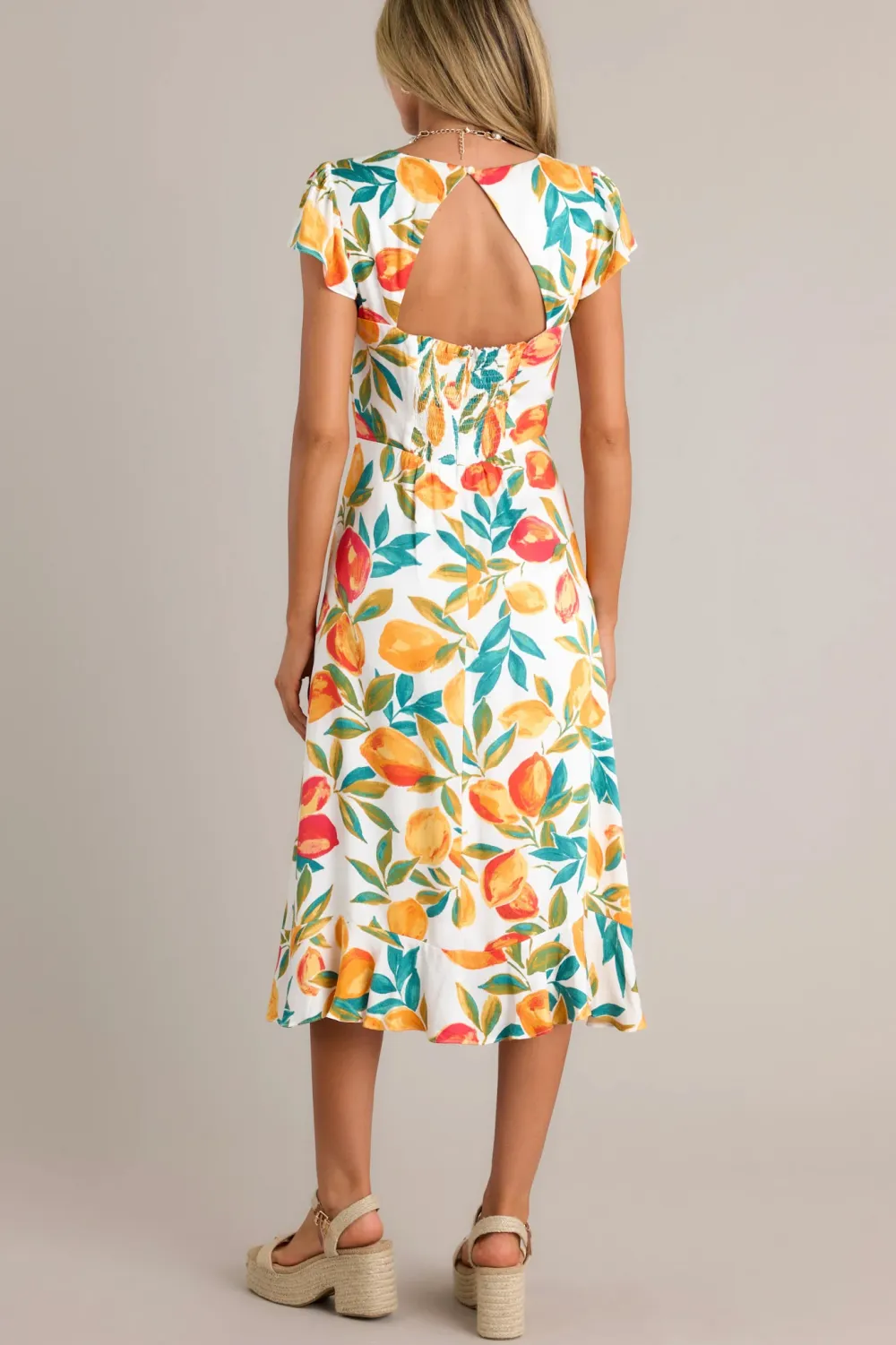 SUNSHINE & BLISS IVORY MULTI CITRUS PRINT MIDI DRESS