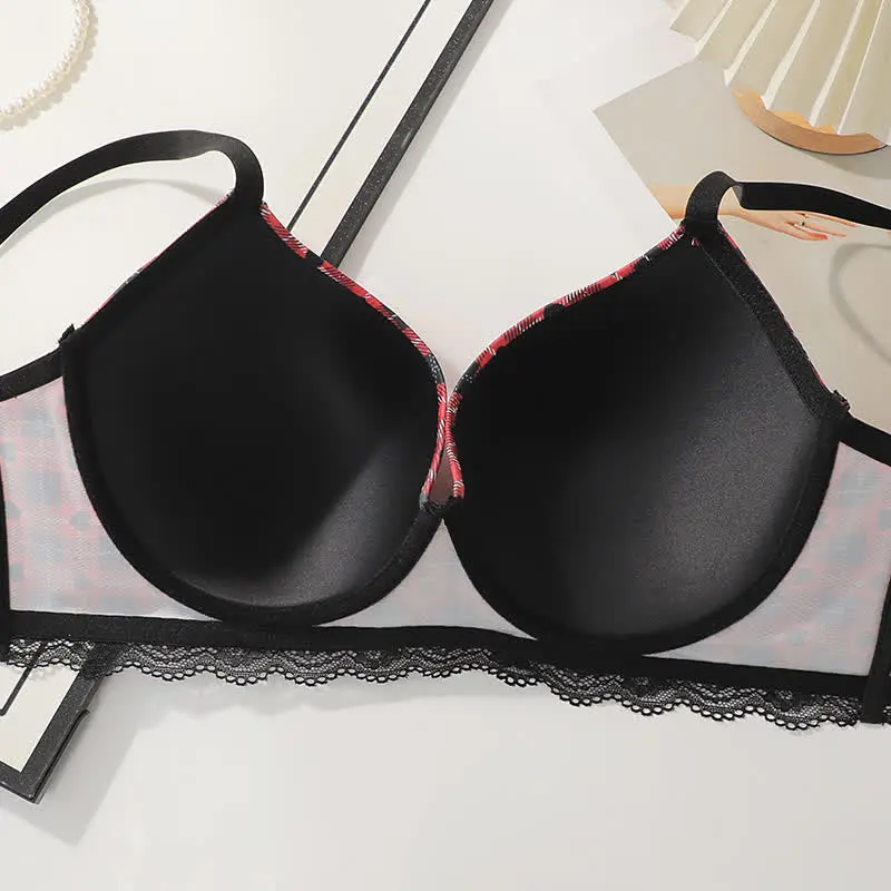 Plaid Heart Underwire Bra Push Bra