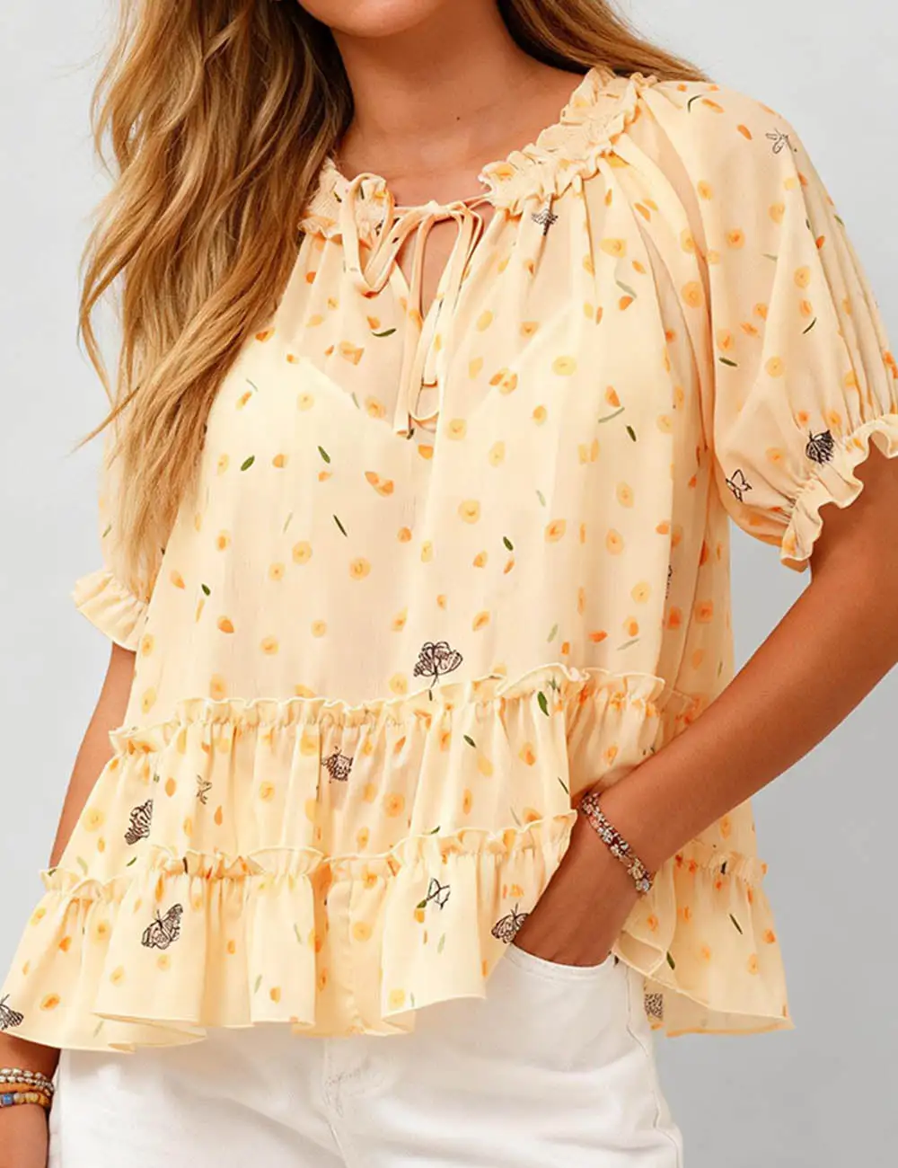 Ruffle Hem Neck Short Sleeves Babydoll Blouse