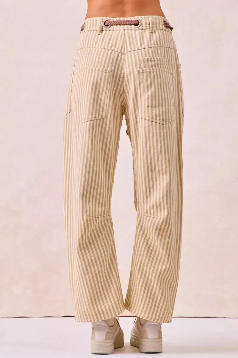 Easygoing Drawstring Striped Twill Barrel Pants