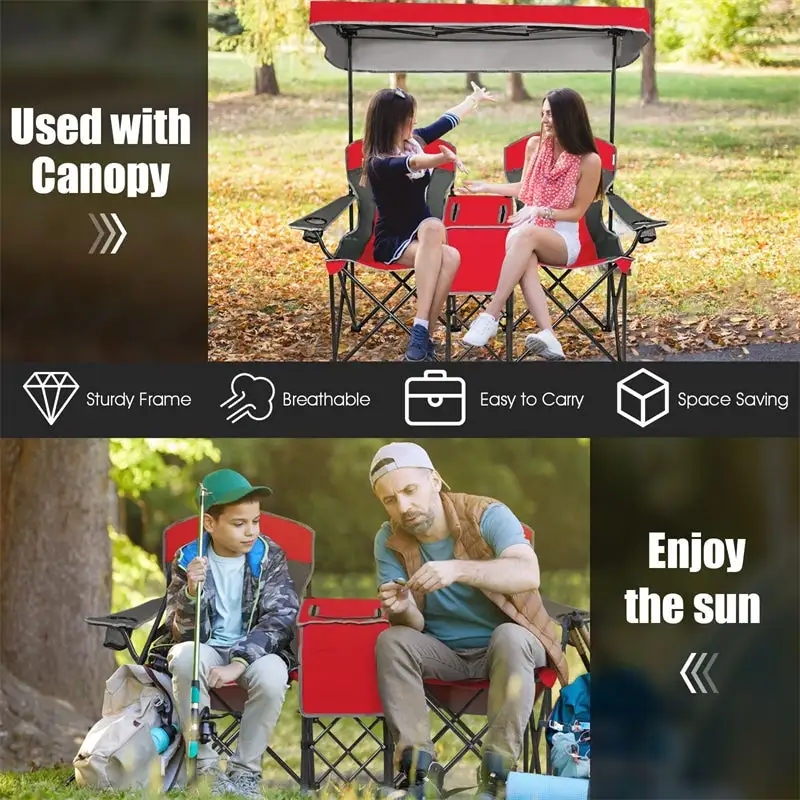 Folding Double Camping Chairs with Shade Canopy Portable Beach Chairs with Cup Holder