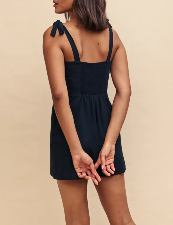 Black Linen-blend Shirred Back Playsuit