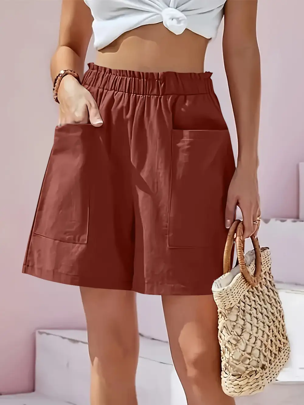 Clean Front Elastic Waist Pocket Detail Shorts