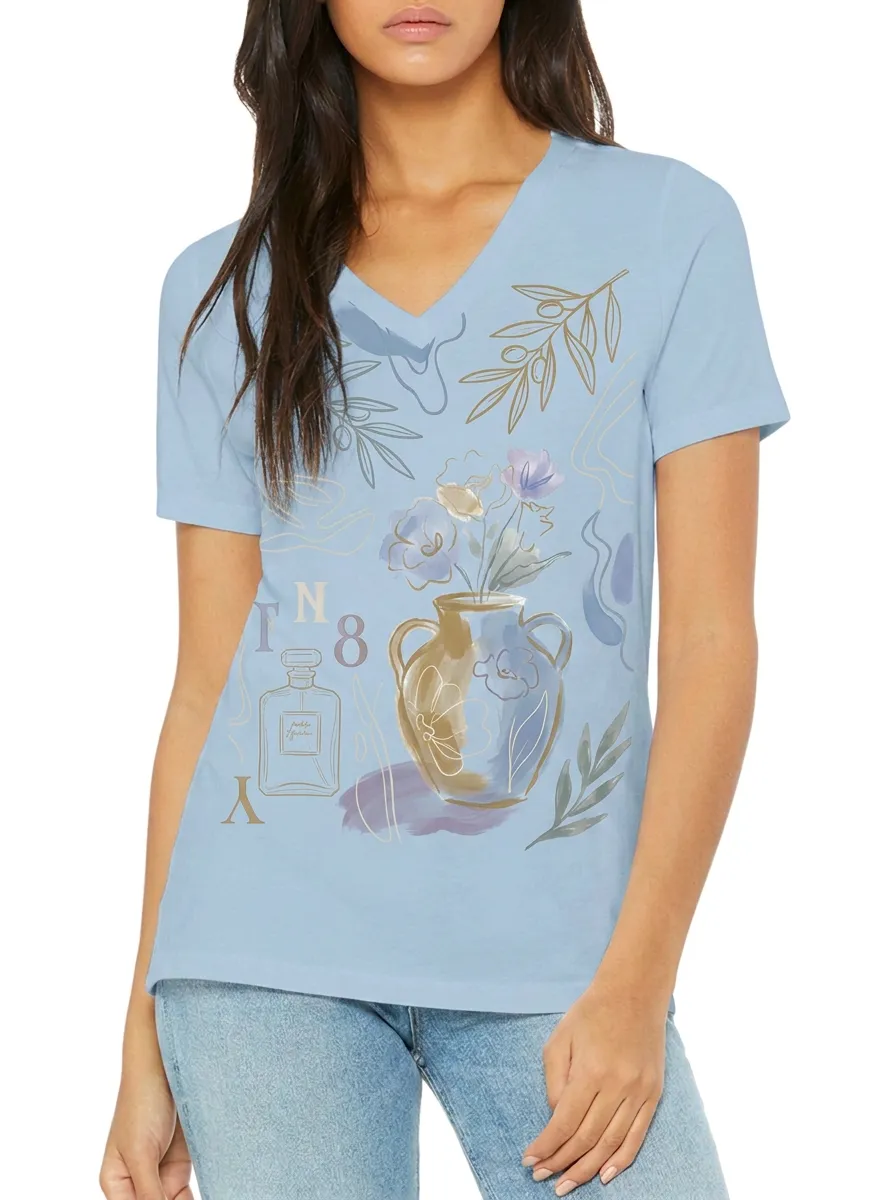 Women's Aesthetic Floral Vase Perfume Bottle Printed V-neck T-shirt