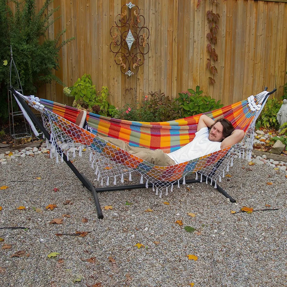 Double Cotton Hammock with Space Saving Steel Stand, Tropical (450 lb Capacity - Premium Carry Bag Included)