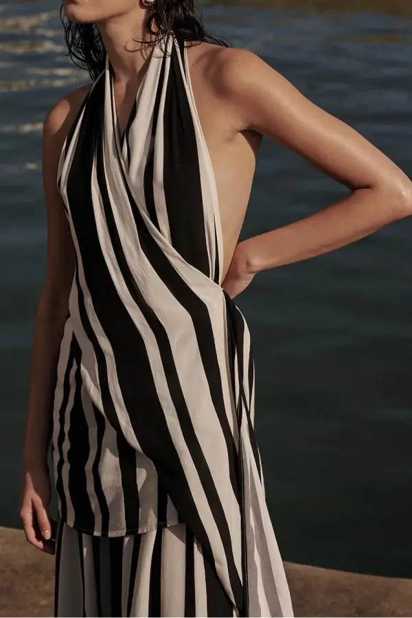 BLACK STRIPE HALTER TOP