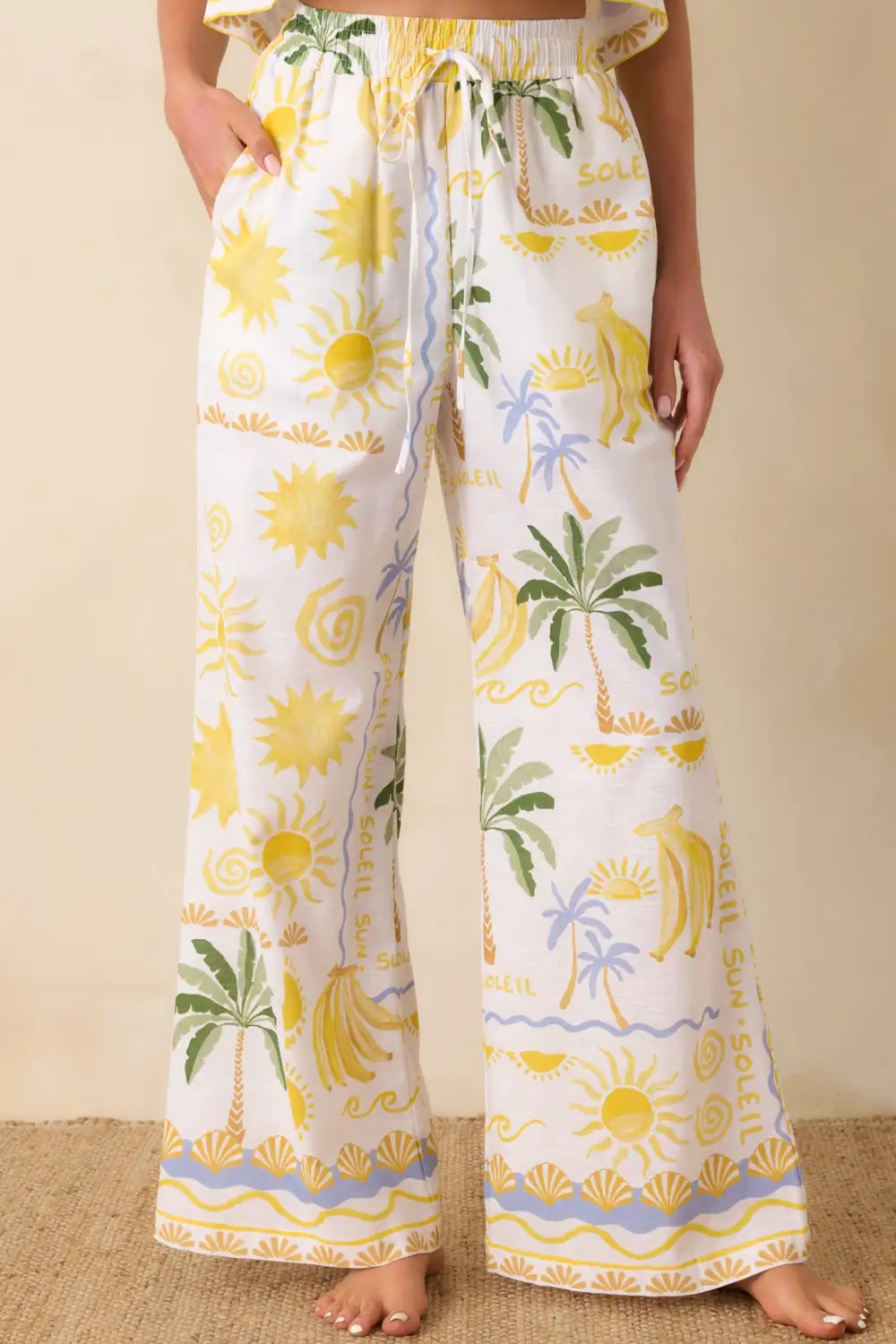Multicolor Linen Blend Tropical Print Pants