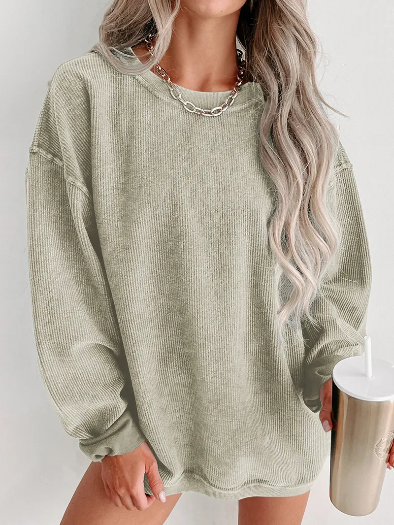 Green Solid Ribbed Knit Round Neck Pullover Sweatshirt