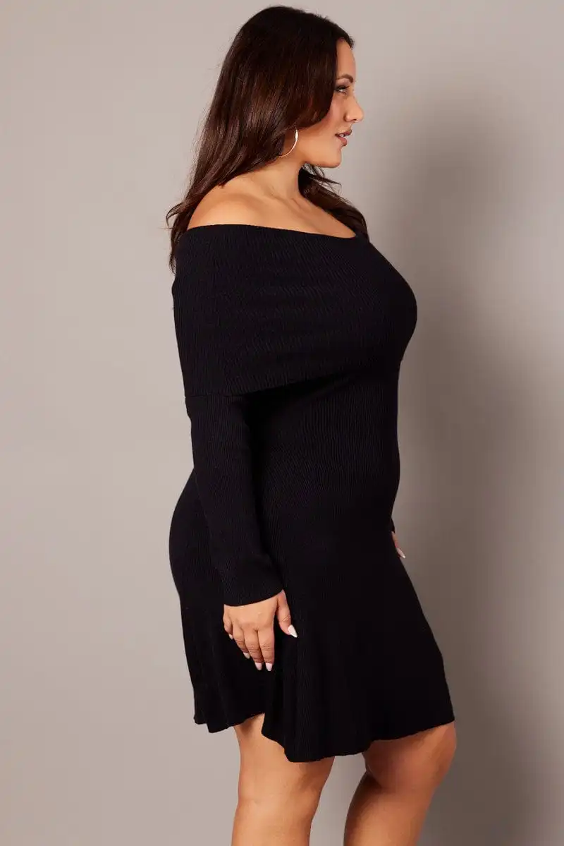 Black Off Shoulder Knit Mini Dress