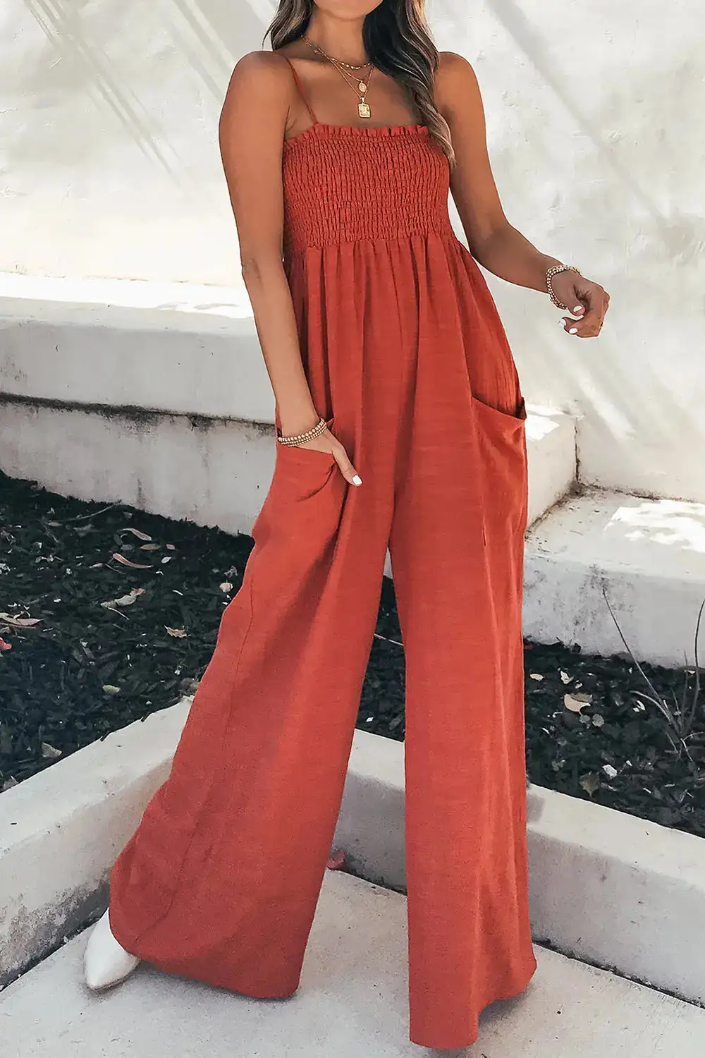 Smocked Strappy Wide Leg Jumpsuit