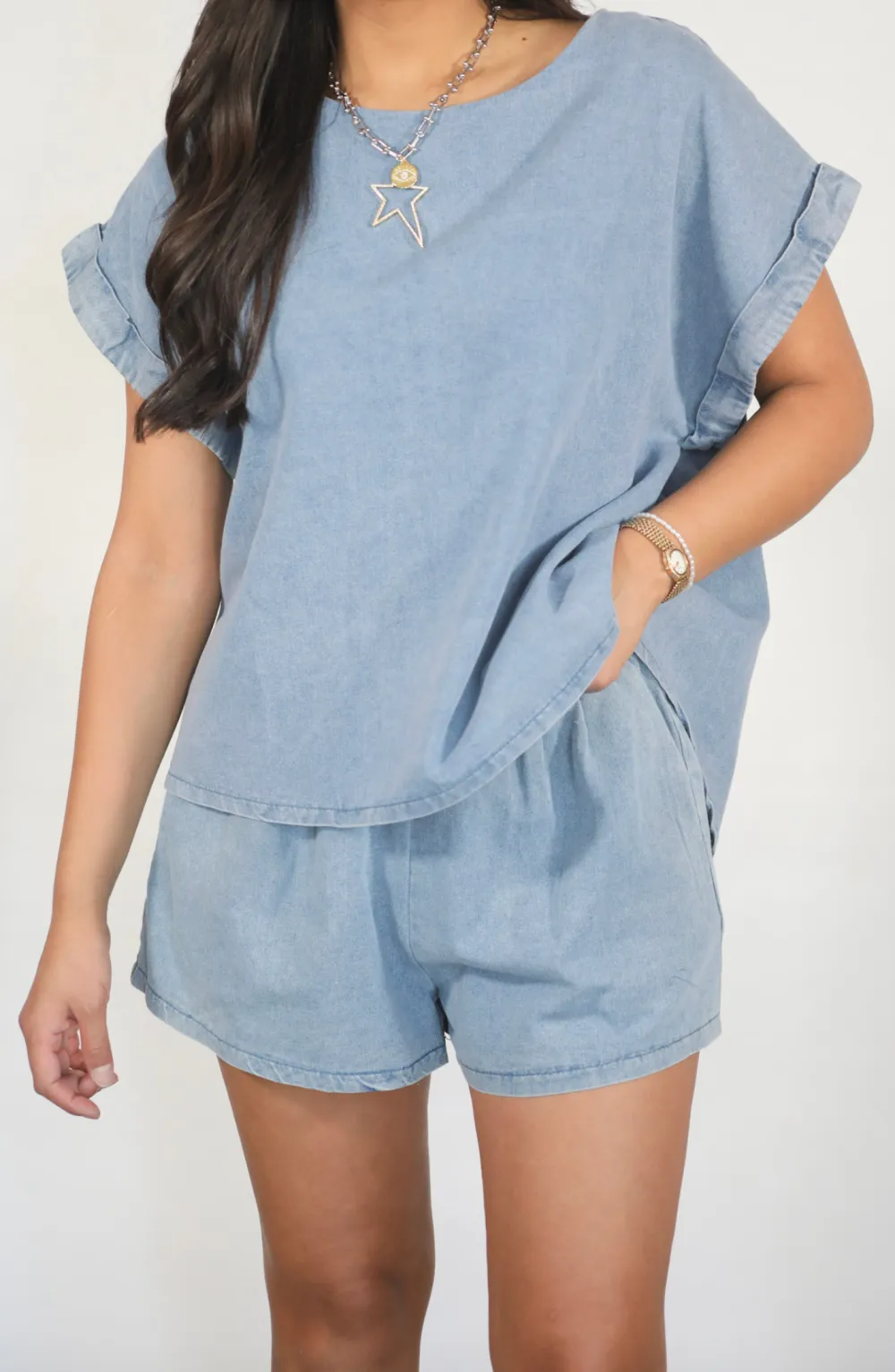 Living Out Loud Denim Shirt And Short Set