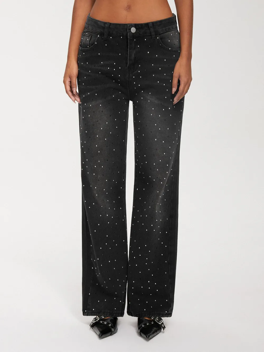 Rhinestone Denim Plain Wide Leg Pants Jeans