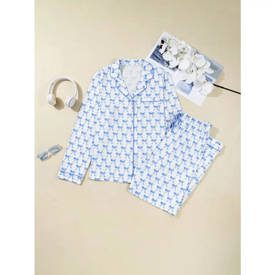 Bow Print Long Sleeve Shirt and Pants Pajama Set