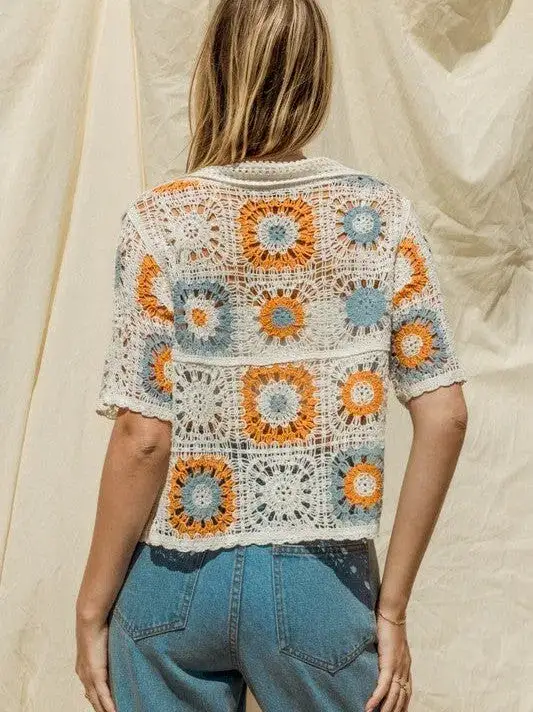 Bohemian Flair Short Sleeve Button Front Crochet Top