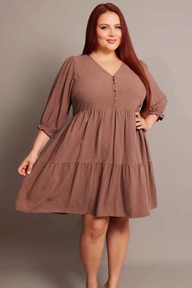 Brown V Neck Button Through Linen Blend Minidress